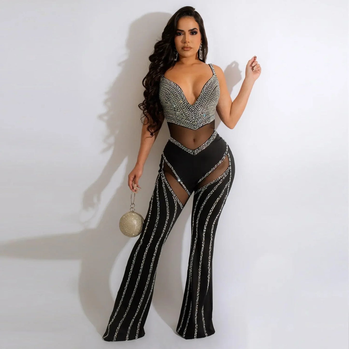 Diamond Envy Rhinestone Mesh Jumpsuit