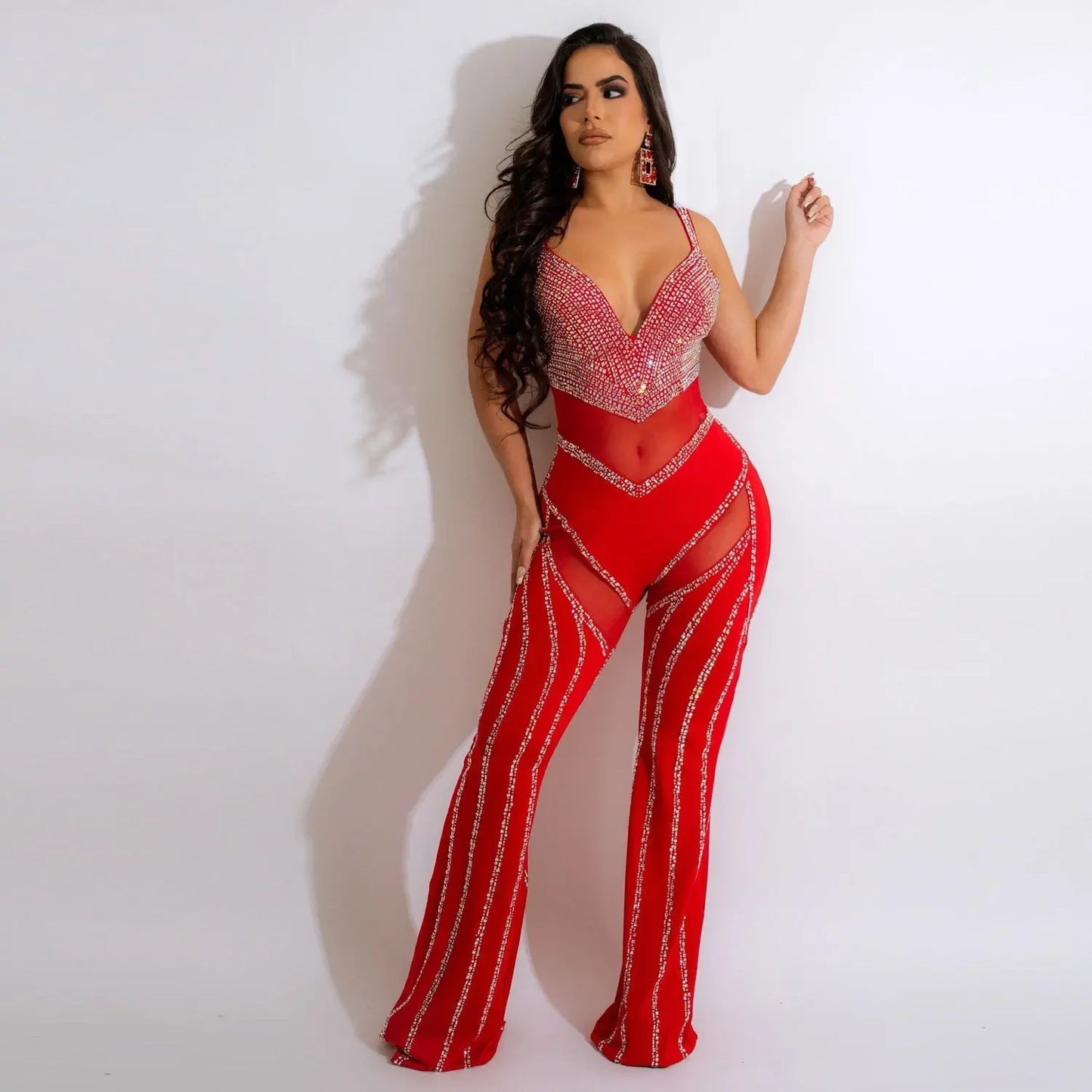 Diamond Envy Rhinestone Mesh Jumpsuit