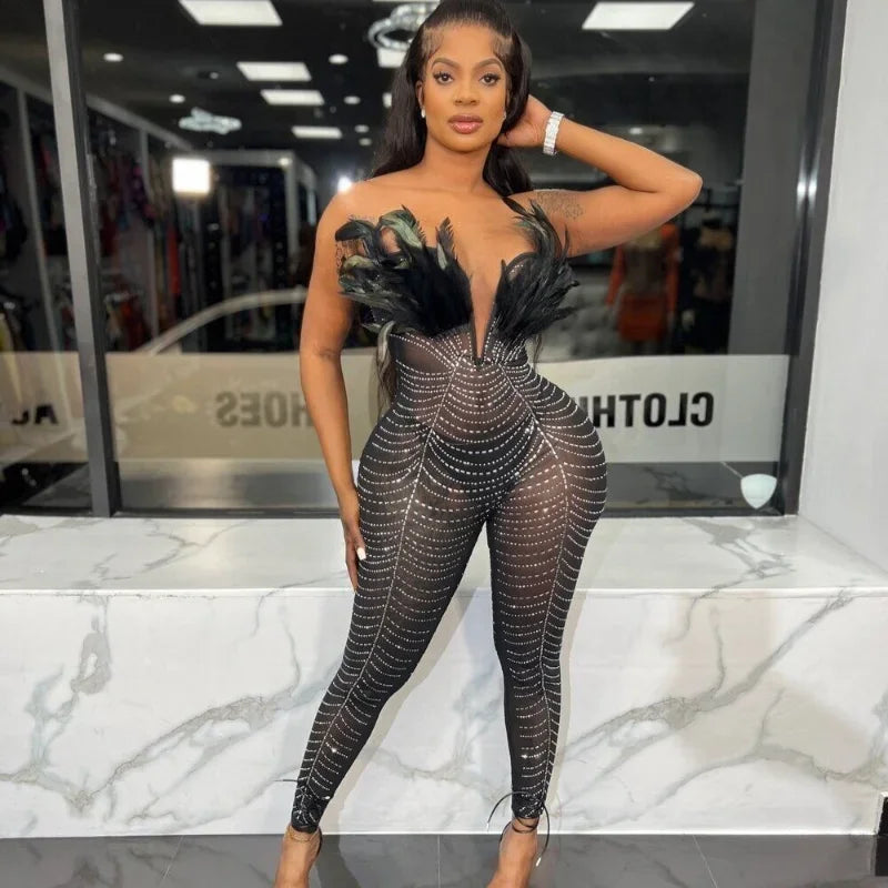 Midnight Seduction Feather Jumpsuit