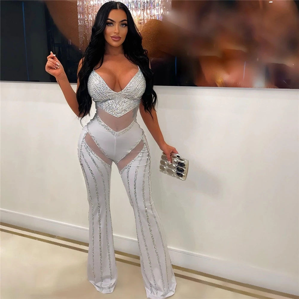 Diamond Envy Rhinestone Mesh Jumpsuit