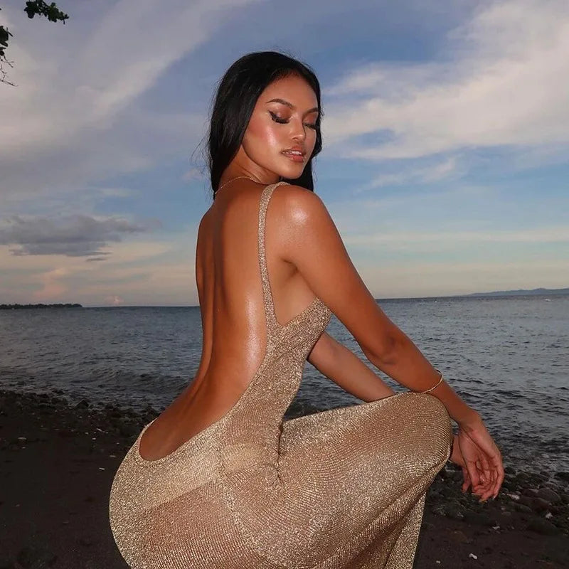 Golden Mirage Backless Maxi Dress