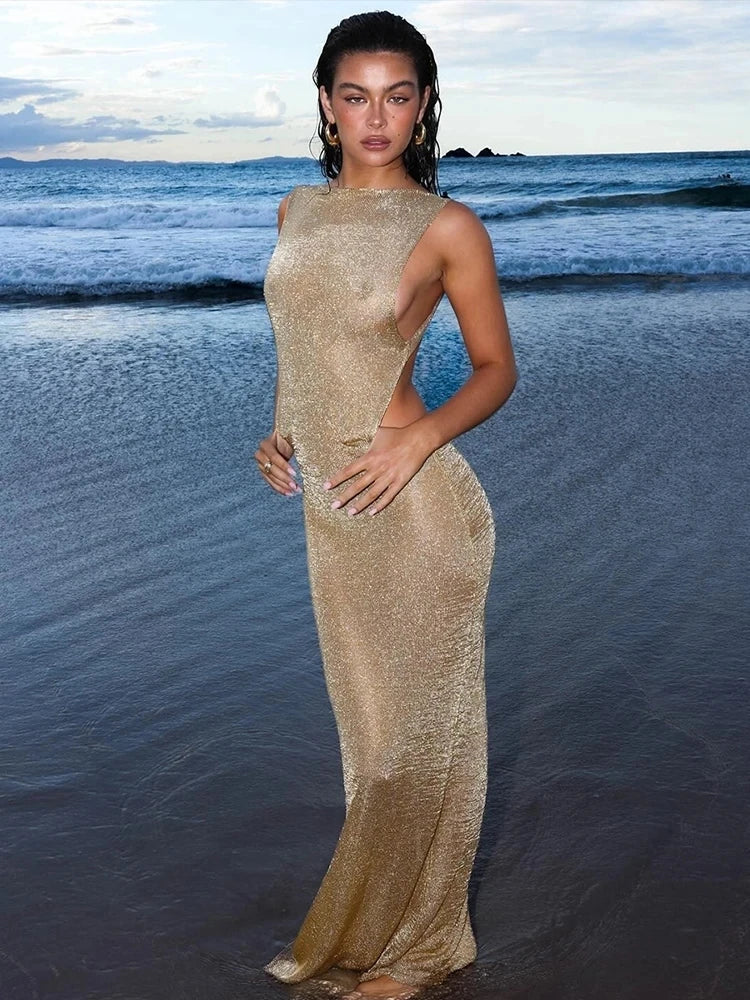 Golden Mirage Backless Maxi Dress