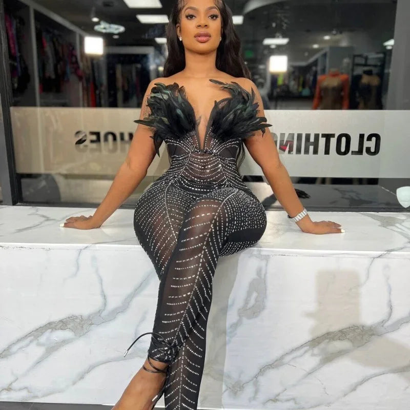 Midnight Seduction Feather Jumpsuit