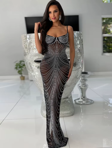 Celestial Drip Rhinestone Mesh Gown