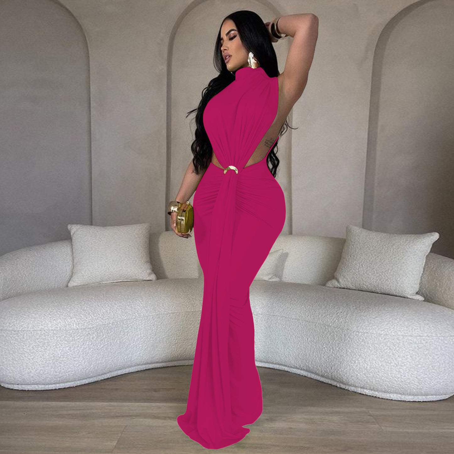 Serpentine Elegance Ruched Maxi Dress