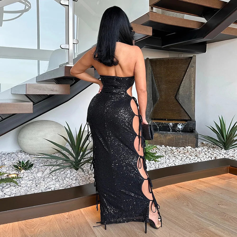 Midnight Temptation Sequin Cutout Maxi Dress