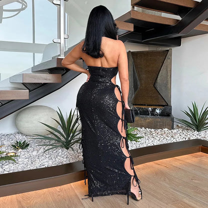 Midnight Temptation Sequin Cutout Maxi Dress