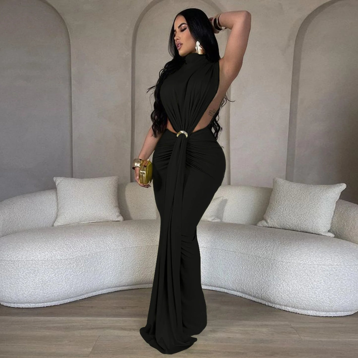 Serpentine Elegance Ruched Maxi Dress