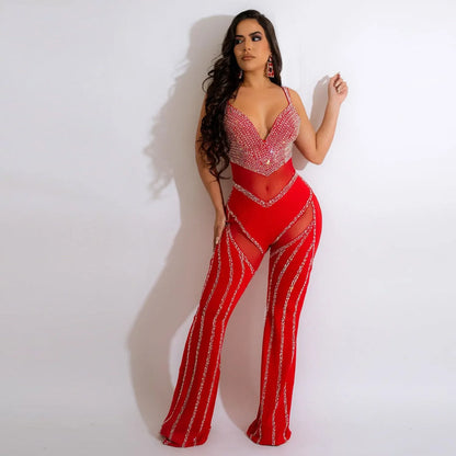 Diamond Envy Rhinestone Mesh Jumpsuit