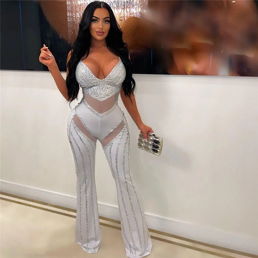 Diamond Envy Rhinestone Mesh Jumpsuit