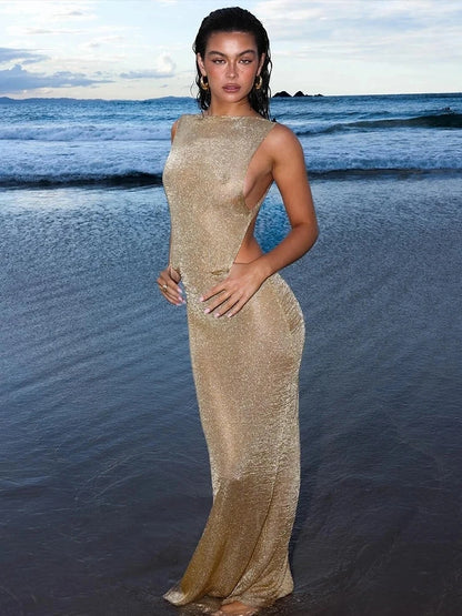 Golden Mirage Backless Maxi Dress