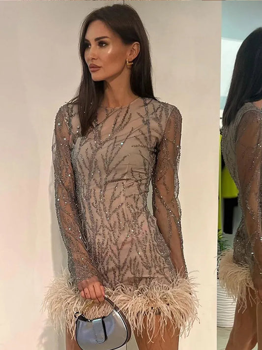 Celestial Luxe Feathered Sequin Mini Dress