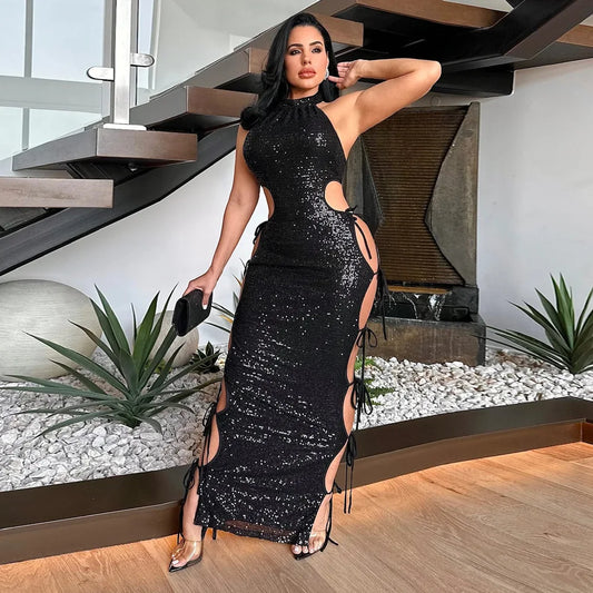 Midnight Temptation Sequin Cutout Maxi Dress