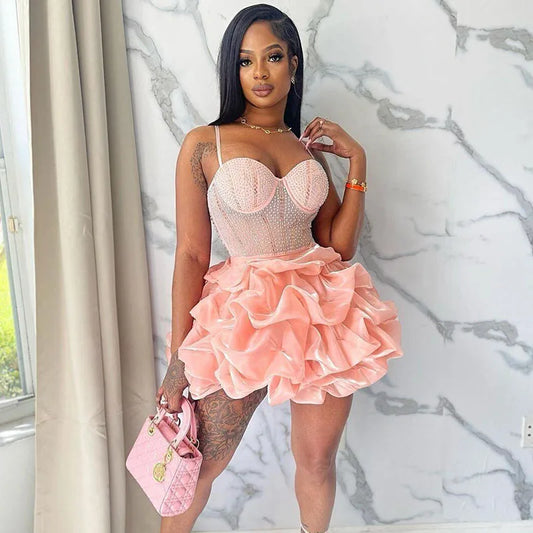 Crystal Bloom Ruffle Mini Dress