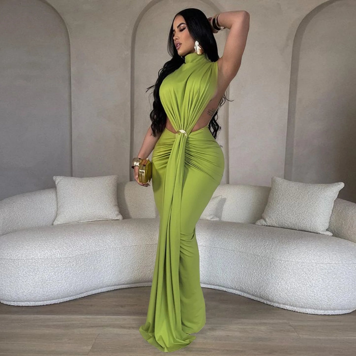 Serpentine Elegance Ruched Maxi Dress