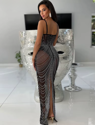 Celestial Drip Rhinestone Mesh Gown