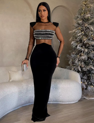 Regal Noir Rhinestone Mesh Gown